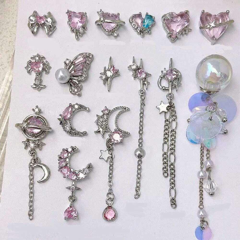 5pcs Pink Zircon Alloy Love Nail Art Charm 3D Bow Heart Moon Butterfly Planet Nail Decoration DIY Simple Design Nail Accessories - KIMLUD