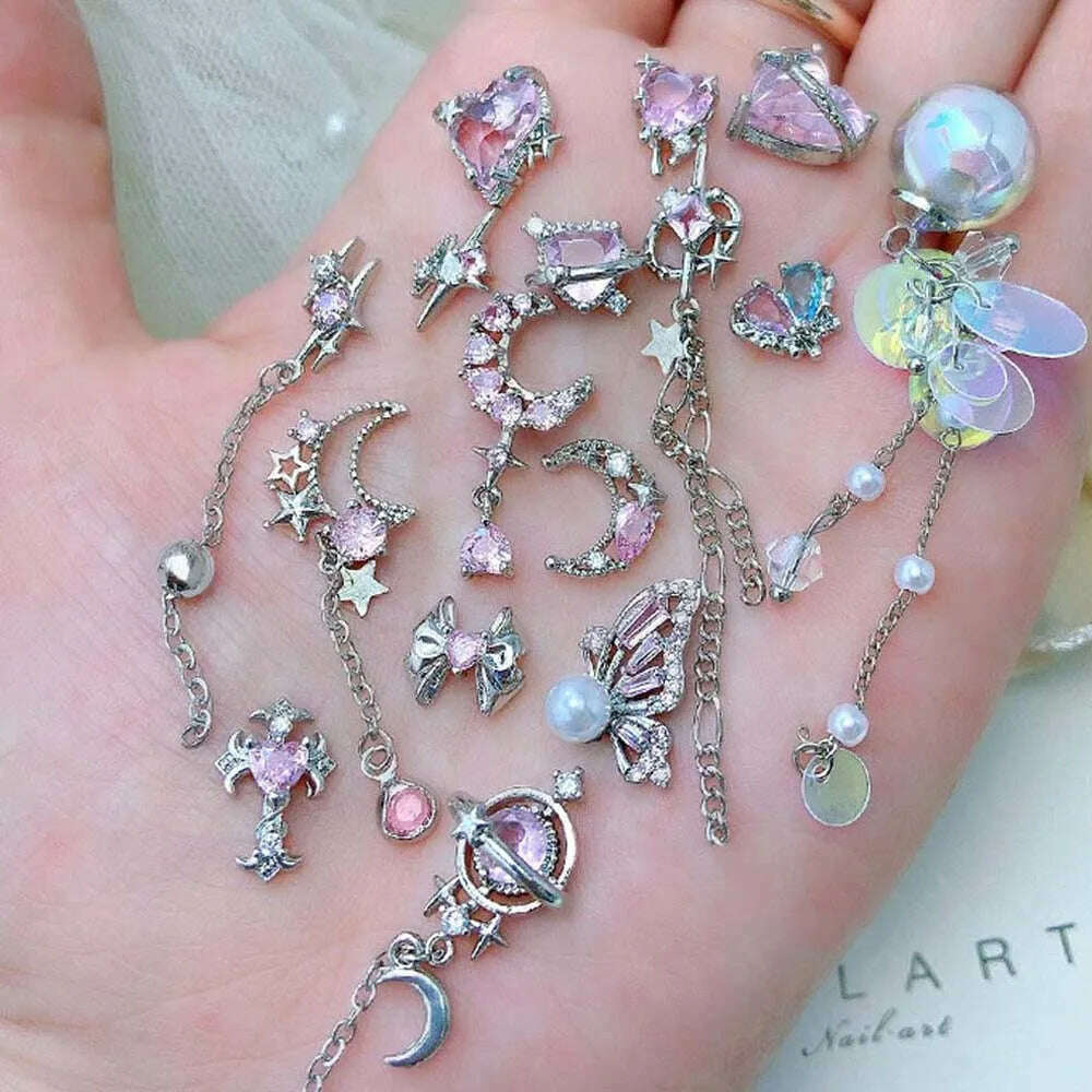 5pcs Pink Zircon Alloy Love Nail Art Charm 3D Bow Heart Moon Butterfly Planet Nail Decoration DIY Simple Design Nail Accessories - KIMLUD