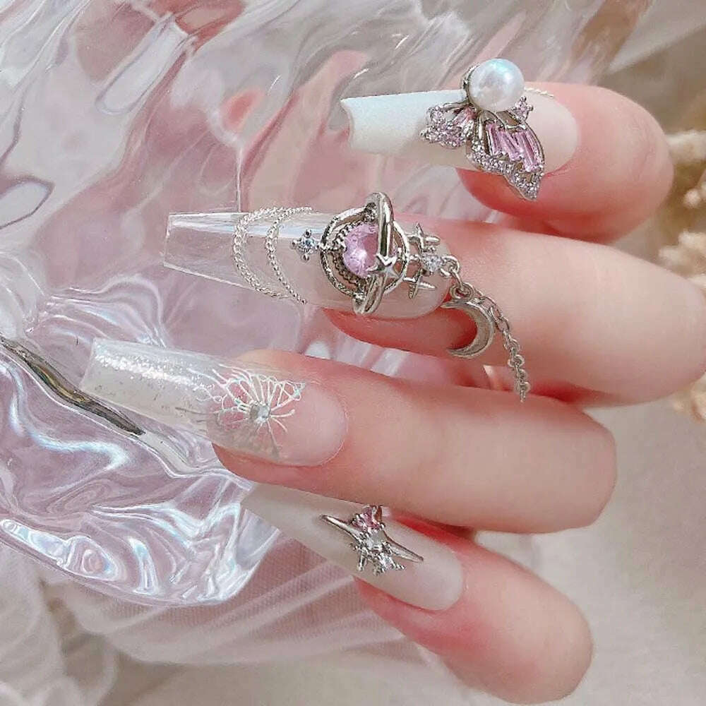 5pcs Pink Zircon Alloy Love Nail Art Charm 3D Bow Heart Moon Butterfly Planet Nail Decoration DIY Simple Design Nail Accessories - KIMLUD