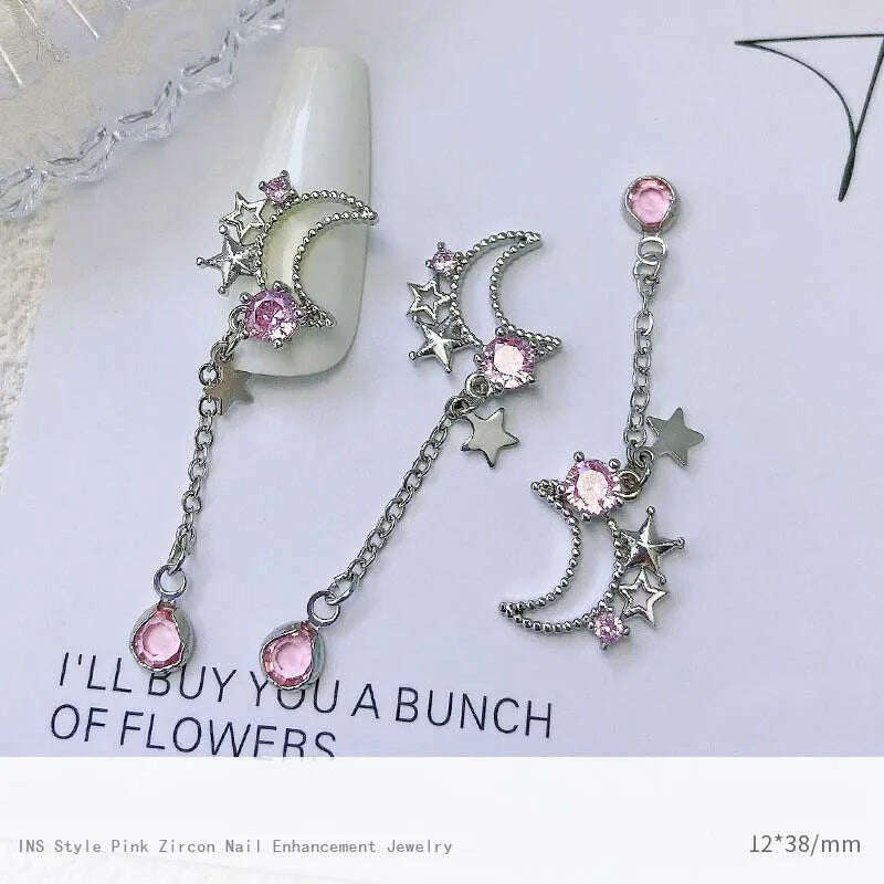 5pcs Pink Zircon Alloy Love Nail Art Charm 3D Bow Heart Moon Butterfly Planet Nail Decoration DIY Simple Design Nail Accessories - KIMLUD