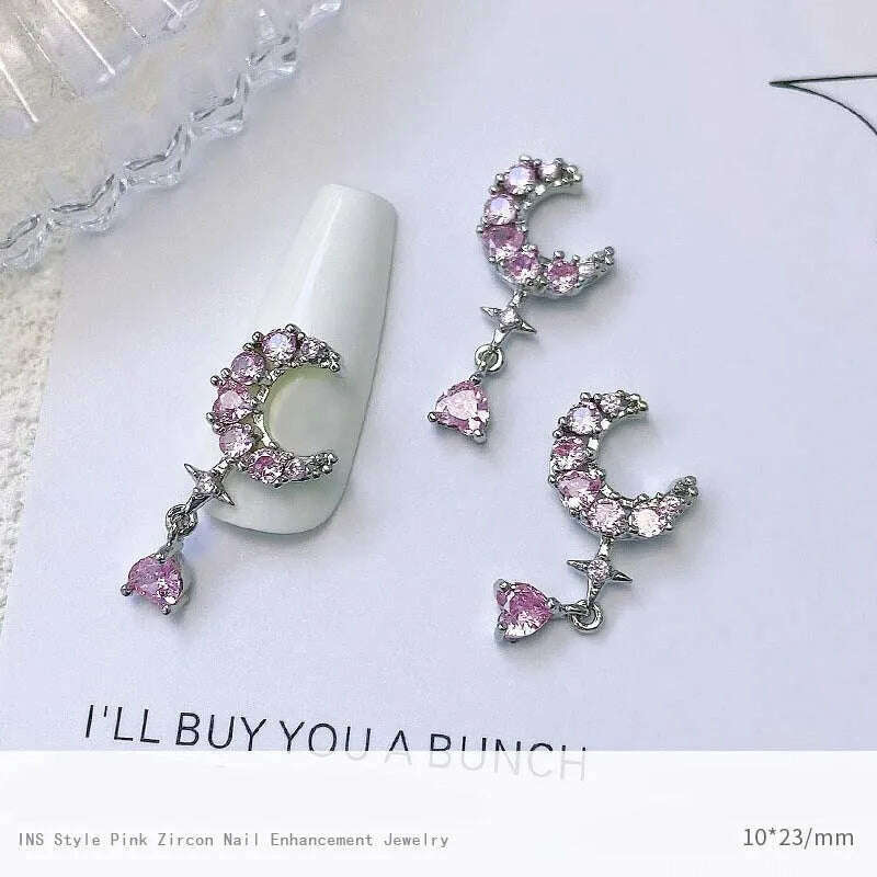 5pcs Pink Zircon Alloy Love Nail Art Charm 3D Bow Heart Moon Butterfly Planet Nail Decoration DIY Simple Design Nail Accessories - KIMLUD