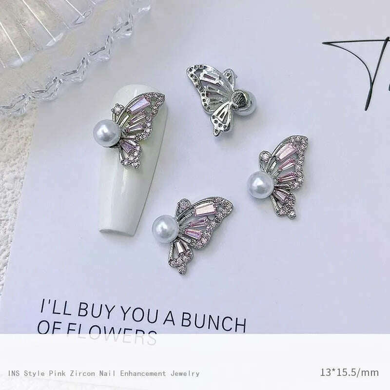 5pcs Pink Zircon Alloy Love Nail Art Charm 3D Bow Heart Moon Butterfly Planet Nail Decoration DIY Simple Design Nail Accessories - KIMLUD
