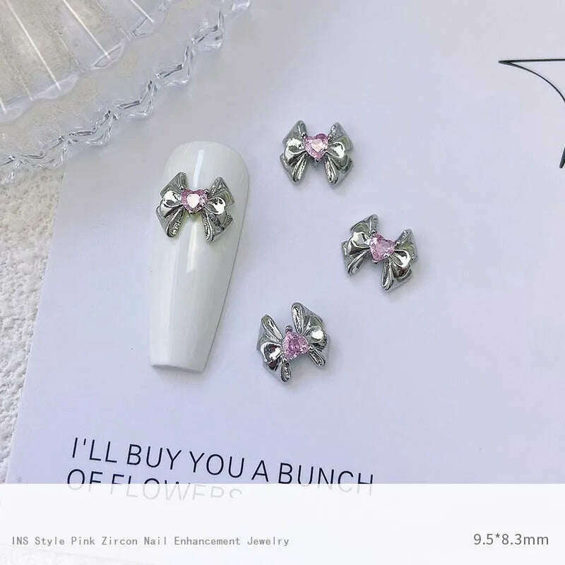 5pcs Pink Zircon Alloy Love Nail Art Charm 3D Bow Heart Moon Butterfly Planet Nail Decoration DIY Simple Design Nail Accessories - KIMLUD