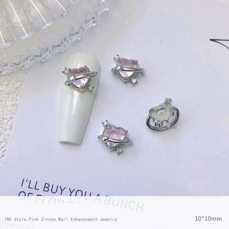 5pcs Pink Zircon Alloy Love Nail Art Charm 3D Bow Heart Moon Butterfly Planet Nail Decoration DIY Simple Design Nail Accessories - KIMLUD