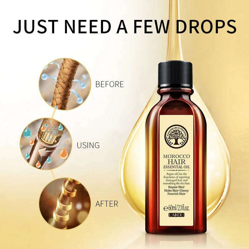 60ML Hair Care Moroccan Pure Argan Oil Hair Essential Oil for Dry Hair Types Multi-functional Hair Care Products for Woman - KIMLUD