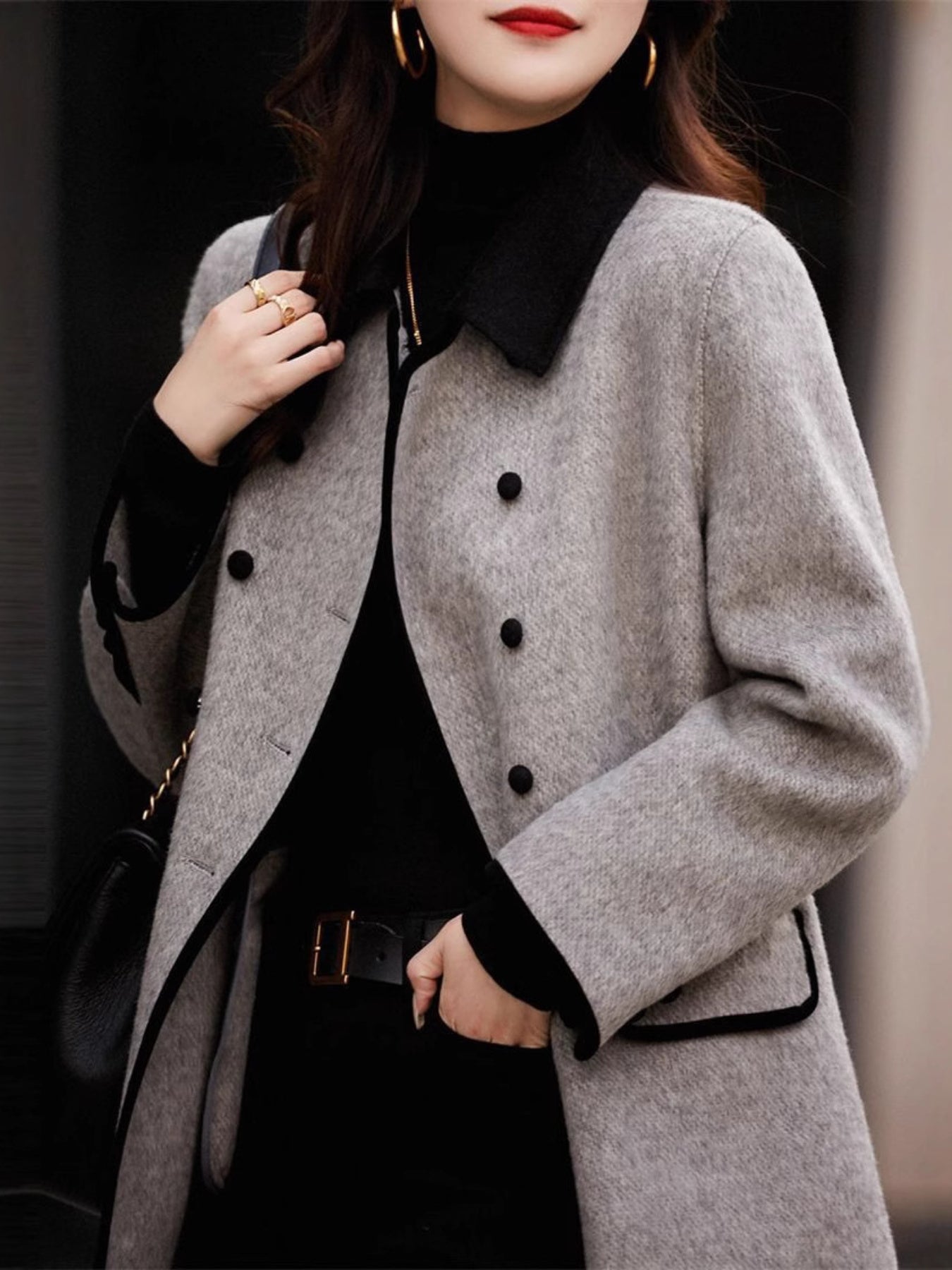 Women's Slim-Fit Retro Double-Breasted Lapel Coat - Belted Waist Short Jacket, Grey/Black/Brown Trench Coat for Casual & Formal Wear, Machine Washable All-Season Outerwear (Mid-Length to Full-Length Options Available)