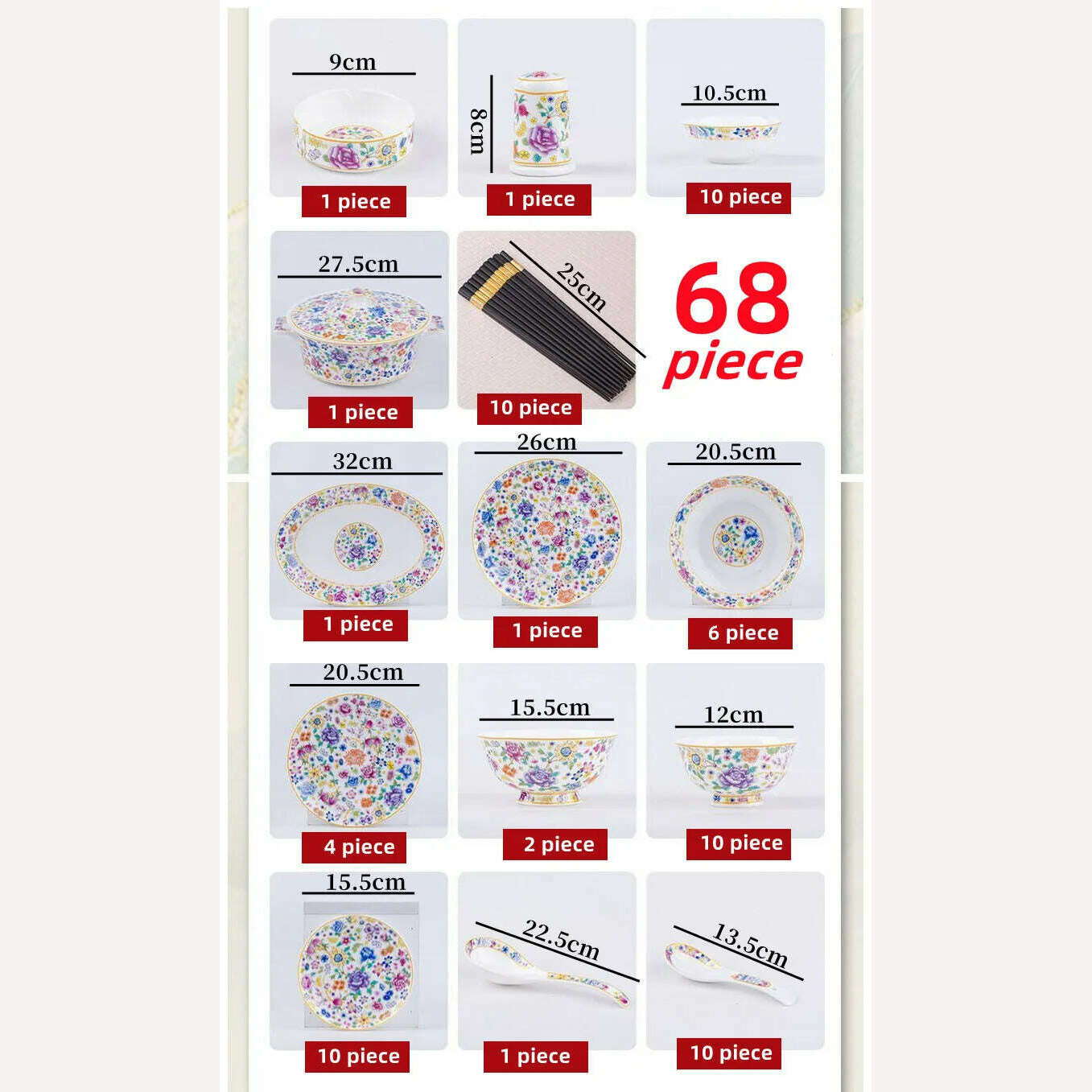 KIMLUD, 68 piece Chinese High-end Bone China Dinner Set Plates Set Luxury Tableware Sets Food Bowl Sushi Dishes Chopsticks Set Spoons, tableware set / CHINA, KIMLUD Womens Clothes