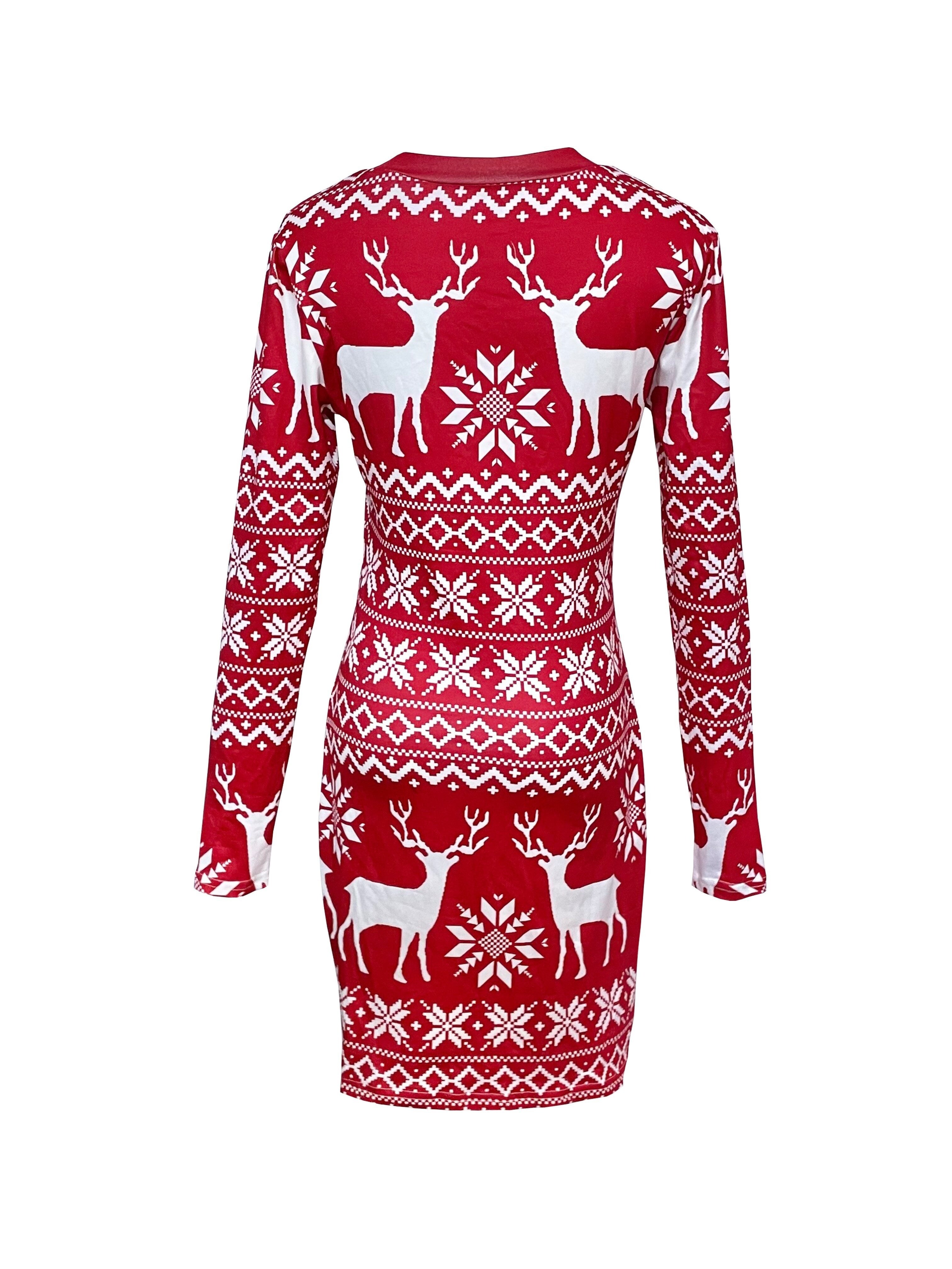 [Christmas Deer Bodycon Dress] Christmas Deer Print Bodycon Dress - Casual Crew Neck Long Sleeve Mini Dress for Women