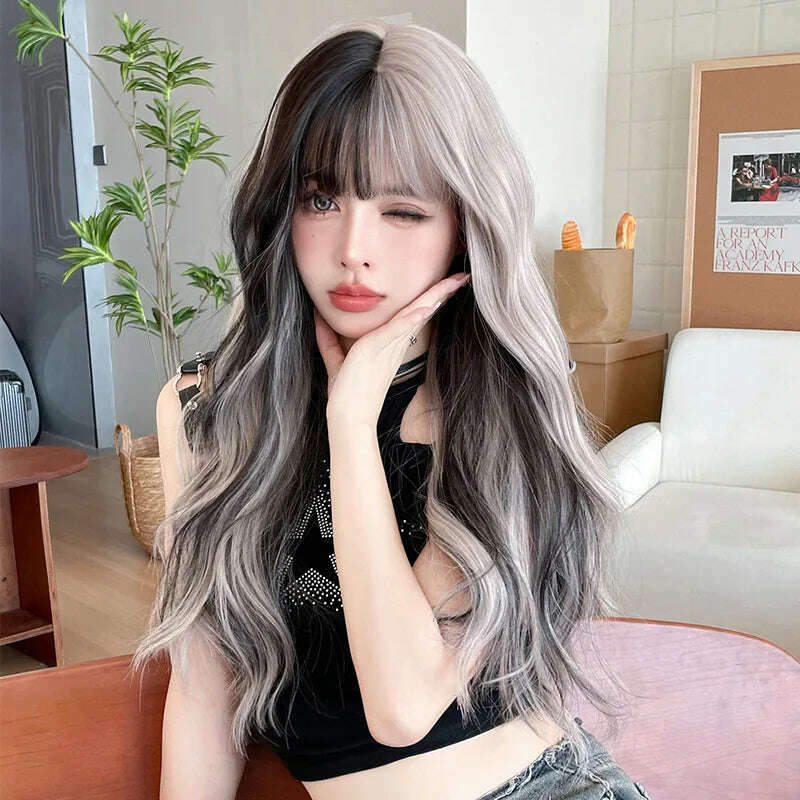 KIMLUD, 68CM Wig Women Long Curly Hair Air Bangs Wave Highlights Silver Gray Pink Wig Chemical Fiber Simulation Whole Headgear Wholesale, KIMLUD Womens Clothes