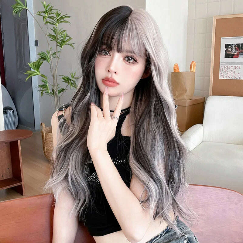 KIMLUD, 68CM Wig Women Long Curly Hair Air Bangs Wave Highlights Silver Gray Pink Wig Chemical Fiber Simulation Whole Headgear Wholesale, KIMLUD Womens Clothes
