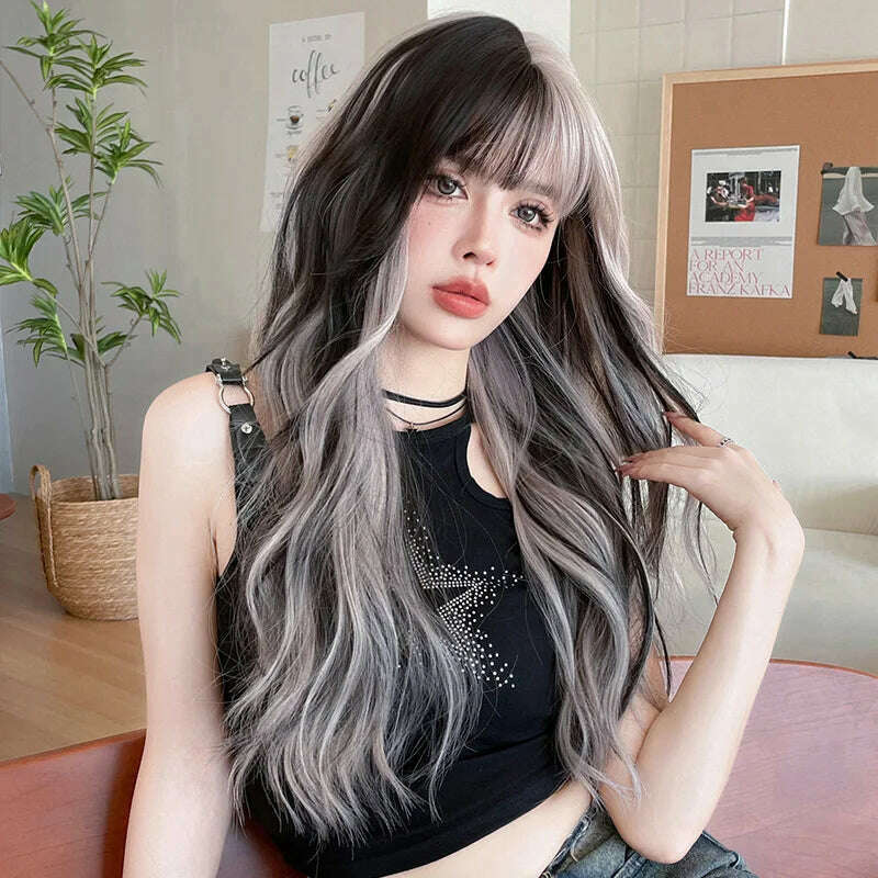 KIMLUD, 68CM Wig Women Long Curly Hair Air Bangs Wave Highlights Silver Gray Pink Wig Chemical Fiber Simulation Whole Headgear Wholesale, KIMLUD Womens Clothes