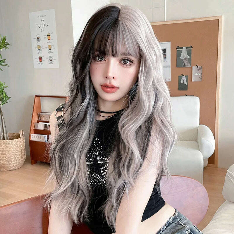 KIMLUD, 68CM Wig Women Long Curly Hair Air Bangs Wave Highlights Silver Gray Pink Wig Chemical Fiber Simulation Whole Headgear Wholesale, KIMLUD Womens Clothes