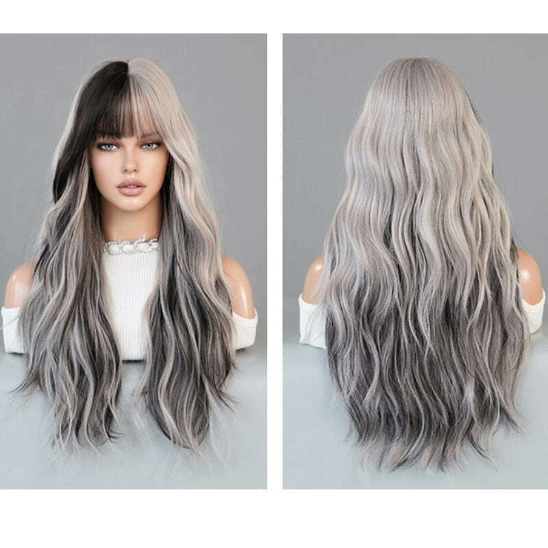 KIMLUD, 68CM Wig Women Long Curly Hair Air Bangs Wave Highlights Silver Gray Pink Wig Chemical Fiber Simulation Whole Headgear Wholesale, silver gray pink, KIMLUD Womens Clothes