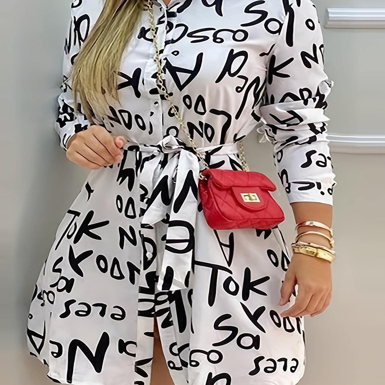 Fashionable Letter Print Dress with Belted Waist - Long Sleeve Button-Up Shirt Dress for Casual Style
