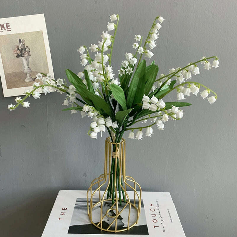 KIMLUD, 6pcs White Artificial Plastic Flower Lily of the Valley Bouquet Wedding Home Table Centerpiece Decoration Accessories Fake Plant, KIMLUD Women's Clothes