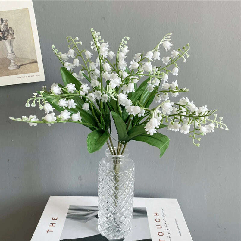 KIMLUD, 6pcs White Artificial Plastic Flower Lily of the Valley Bouquet Wedding Home Table Centerpiece Decoration Accessories Fake Plant, KIMLUD Women's Clothes