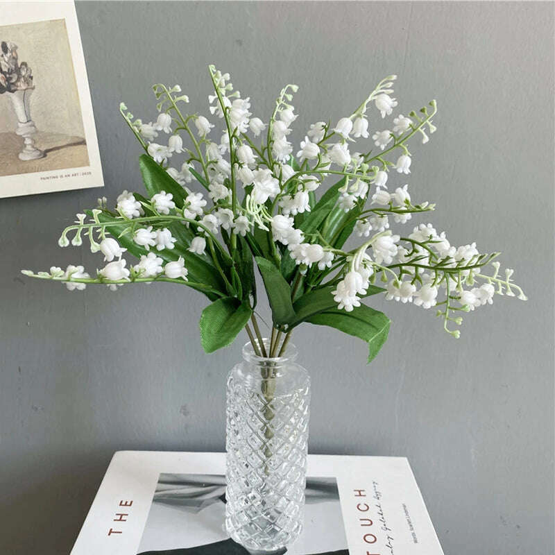 KIMLUD, 6pcs White Artificial Plastic Flower Lily of the Valley Bouquet Wedding Home Table Centerpiece Decoration Accessories Fake Plant, KIMLUD Womens Clothes