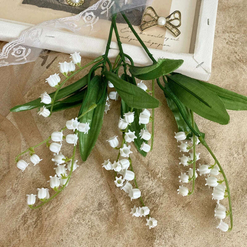 KIMLUD, 6pcs White Artificial Plastic Flower Lily of the Valley Bouquet Wedding Home Table Centerpiece Decoration Accessories Fake Plant, KIMLUD Womens Clothes