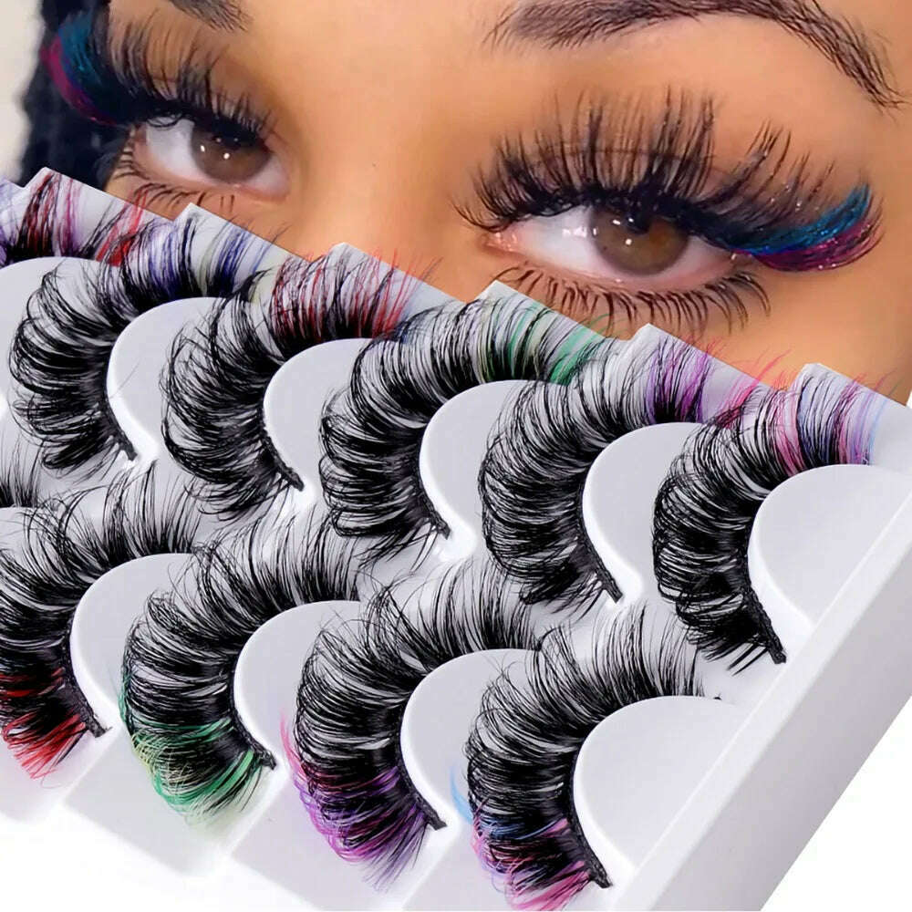 KIMLUD, 7 Pairs Colorful False Eyelashes D Curl Natural Fluffy Colored Makeup Faux Eyelash Lashes extensions Russian Volumes, 7 Pairs, KIMLUD Womens Clothes