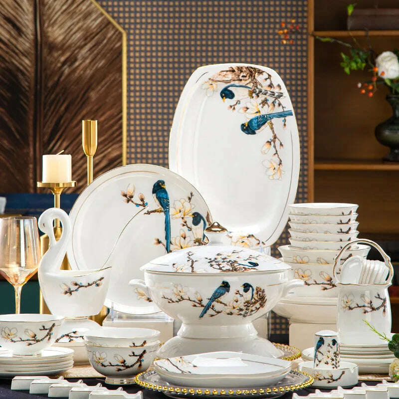 KIMLUD, 70 Pcs European Luxury Tableware Set Bone China Bowl Spoon And Chopsticks Set Table Plates Kitchen Tableware Dishes Set Full Set, KIMLUD Womens Clothes