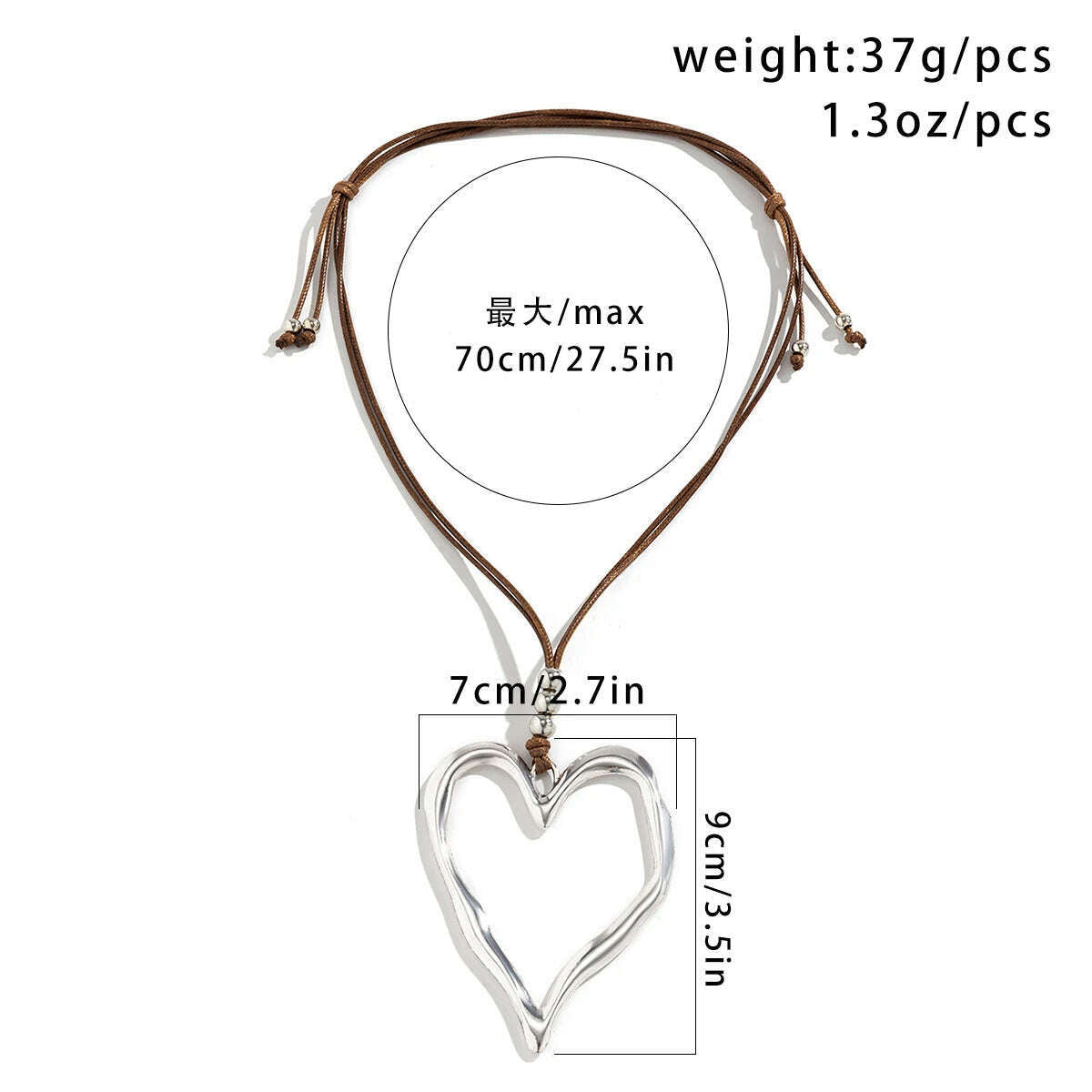 KIMLUD, 70CM Long Wax Thread Rope Chain With Large Hollow Love Heart Pendant Necklace for Women Sweet Cool Adjustable Choker Y2K Jewelry, KIMLUD Womens Clothes