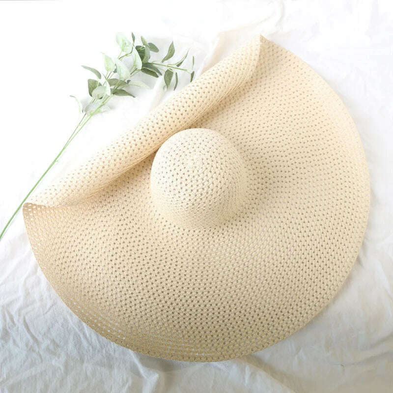 KIMLUD, 70cm Oversized  Wide Brim Sun Hat Travel  Large UV Protection Beach Straw Hats Women's Summer Floppy Foldable Chapeaux Wholesale, beige (openwork) / 54-57cm, KIMLUD Womens Clothes
