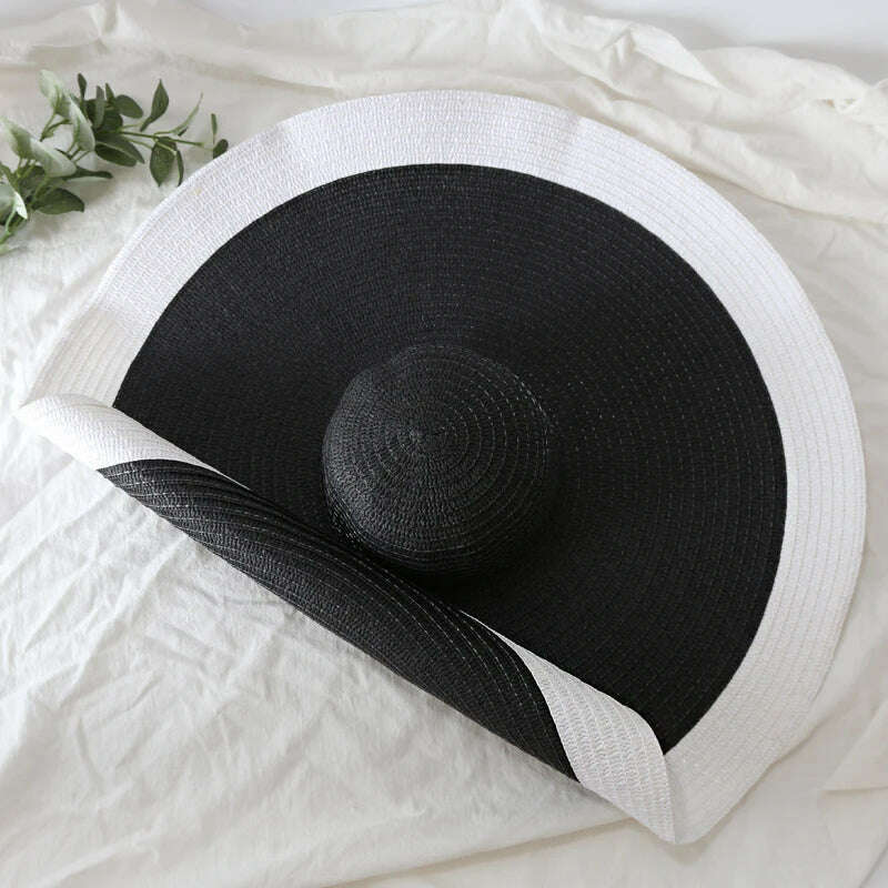 KIMLUD, 70cm Oversized  Wide Brim Sun Hat Travel  Large UV Protection Beach Straw Hats Women's Summer Floppy Foldable Chapeaux Wholesale, Black and White / 54-57cm, KIMLUD Womens Clothes