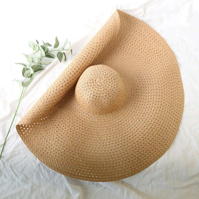 KIMLUD, 70cm Oversized  Wide Brim Sun Hat Travel  Large UV Protection Beach Straw Hats Women's Summer Floppy Foldable Chapeaux Wholesale, Khaki (openwork) / 54-57cm, KIMLUD Womens Clothes