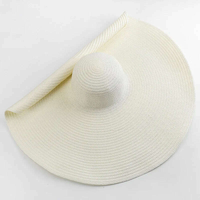 KIMLUD, 70cm Oversized  Wide Brim Sun Hat Travel  Large UV Protection Beach Straw Hats Women's Summer Floppy Foldable Chapeaux Wholesale, milk white / 54-57cm, KIMLUD Womens Clothes