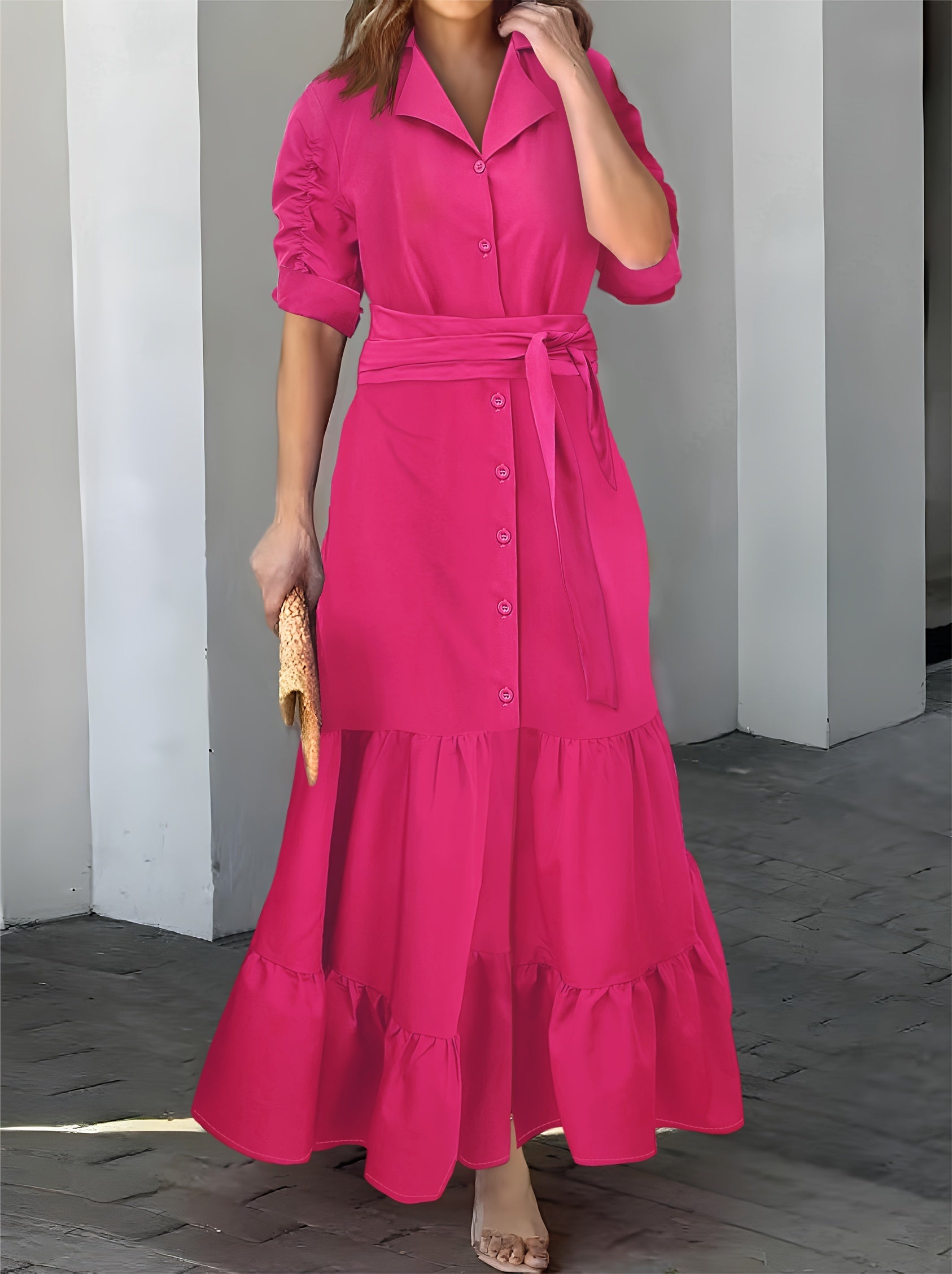 Stunning Ruffled Maxi Dress - Solid Button Front, Belted Waist, Elegant Ruched Sleeve, Flowy Design, Women's Clothing for Special Occasions