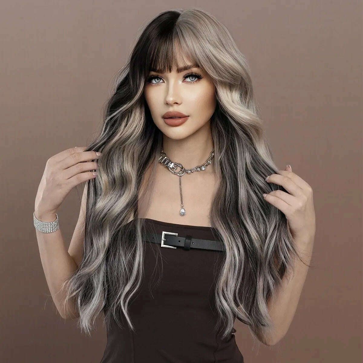 KIMLUD, 7JHH WIGS Long Body Wavy Silver Ash Hair Wig with Bangs for Women Daily Party High Density Hair Ombre Wigs Heat Resistant Fiber, KIMLUD Womens Clothes