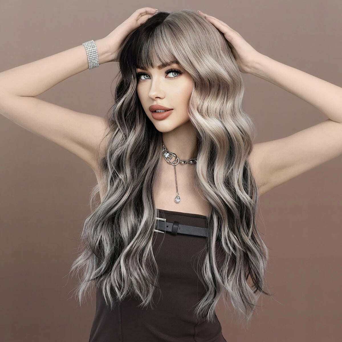 KIMLUD, 7JHH WIGS Long Body Wavy Silver Ash Hair Wig with Bangs for Women Daily Party High Density Hair Ombre Wigs Heat Resistant Fiber, KIMLUD Womens Clothes