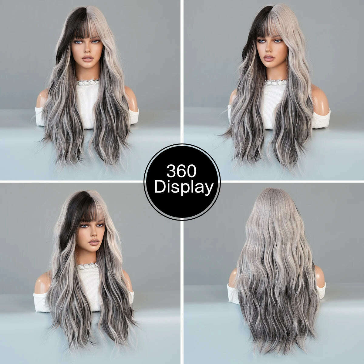 KIMLUD, 7JHH WIGS Long Body Wavy Silver Ash Hair Wig with Bangs for Women Daily Party High Density Hair Ombre Wigs Heat Resistant Fiber, KIMLUD Womens Clothes