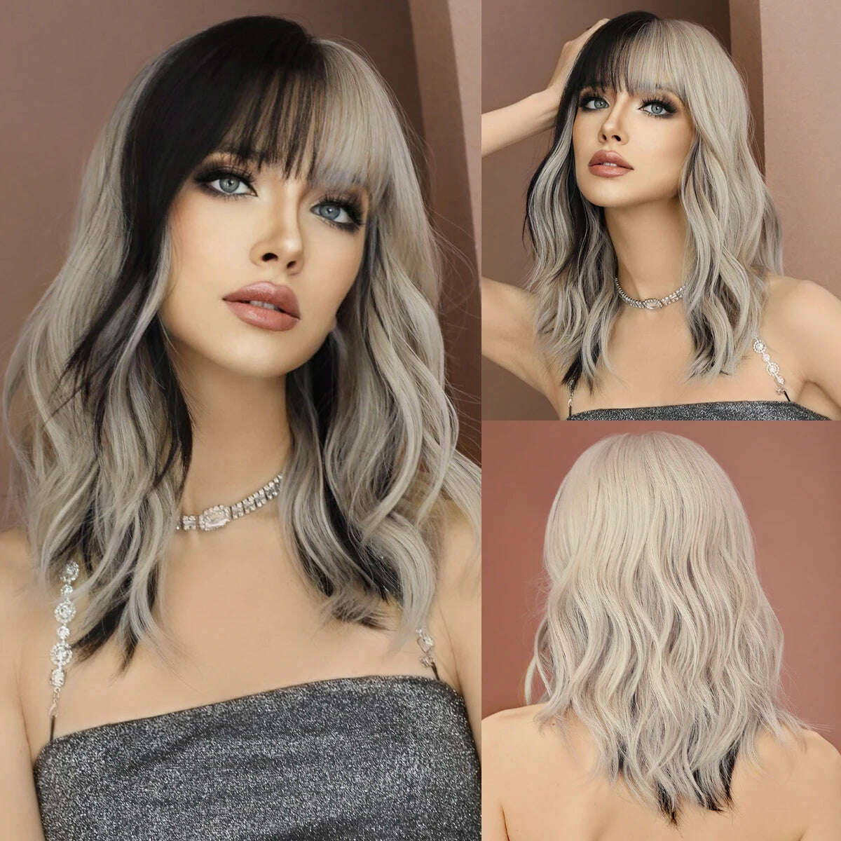KIMLUD, 7JHH WIGS Long Body Wavy Silver Ash Hair Wig with Bangs for Women Daily Party High Density Hair Ombre Wigs Heat Resistant Fiber, MW6153-1, KIMLUD Womens Clothes