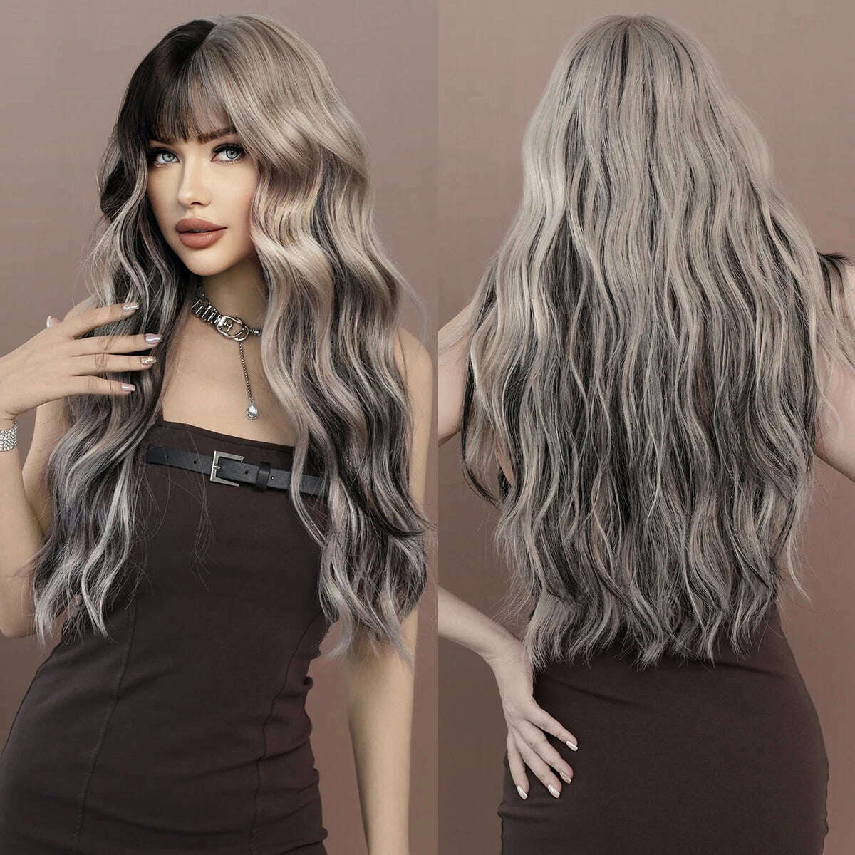 KIMLUD, 7JHH WIGS Long Body Wavy Silver Ash Hair Wig with Bangs for Women Daily Party High Density Hair Ombre Wigs Heat Resistant Fiber, MW9104-1, KIMLUD Womens Clothes