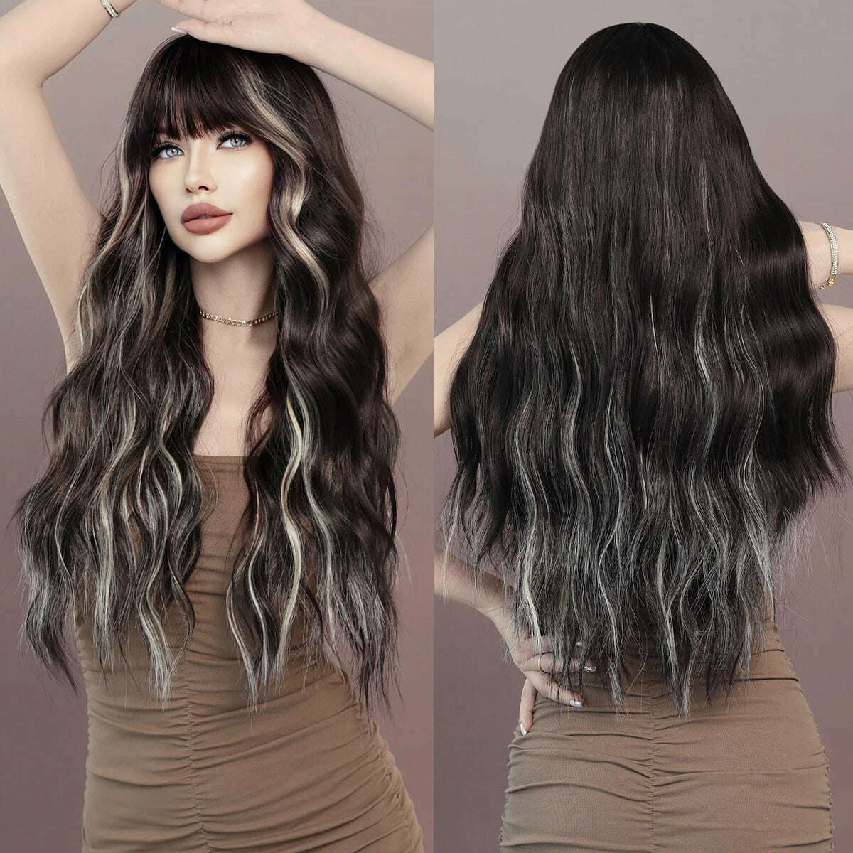 KIMLUD, 7JHH WIGS Long Body Wavy Silver Ash Hair Wig with Bangs for Women Daily Party High Density Hair Ombre Wigs Heat Resistant Fiber, MW9109-1, KIMLUD Womens Clothes