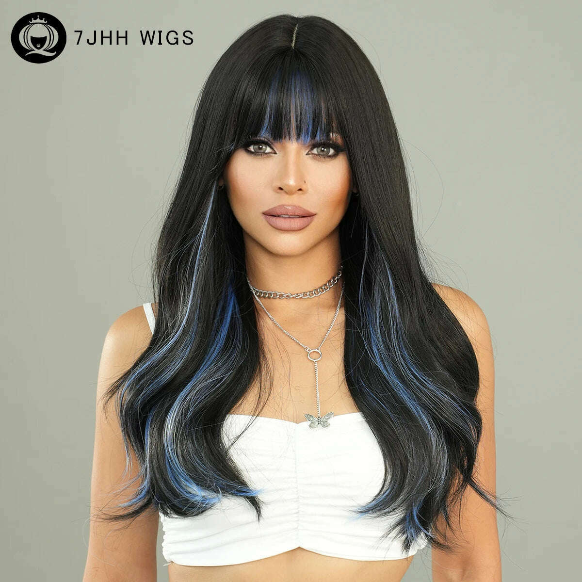 KIMLUD, 7JHH WIGS Long Loose Body Wave Black Highlight Blue Hair Wig for Women Daily Use High Density Synthetic Wavy Wig with Neat Bangs, KIMLUD Womens Clothes