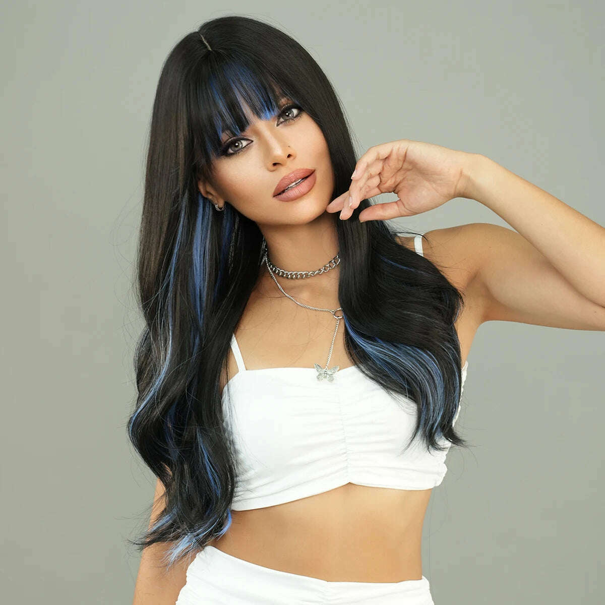 KIMLUD, 7JHH WIGS Long Loose Body Wave Black Highlight Blue Hair Wig for Women Daily Use High Density Synthetic Wavy Wig with Neat Bangs, KIMLUD Womens Clothes