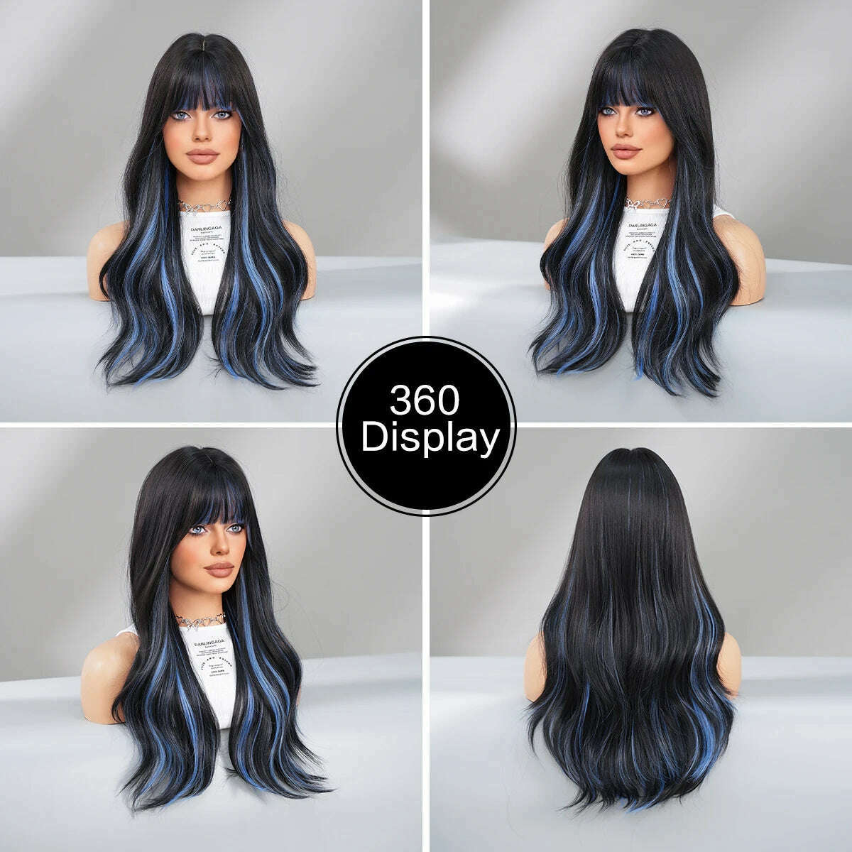 KIMLUD, 7JHH WIGS Long Loose Body Wave Black Highlight Blue Hair Wig for Women Daily Use High Density Synthetic Wavy Wig with Neat Bangs, KIMLUD Womens Clothes