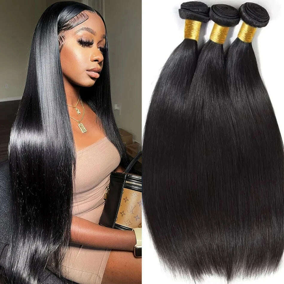 KIMLUD, 8-32 Inch Bone Straight Human Hair Weave Bundles 12 A Brazilian Natural Color 100% Remy Human Hair Extension 1 3 4 Bundles Weft, #1B / 16 18 20, KIMLUD APPAREL - Womens Clothes