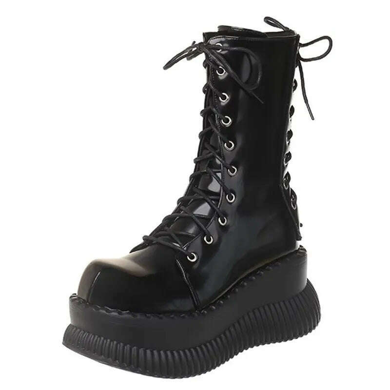 KIMLUD, 8cm Black Glossy Straps Punk Style Boots for Women Autumn and Winter New Thick-soled Heightening Platform Mid-calf Knight Boots, KIMLUD Womens Clothes