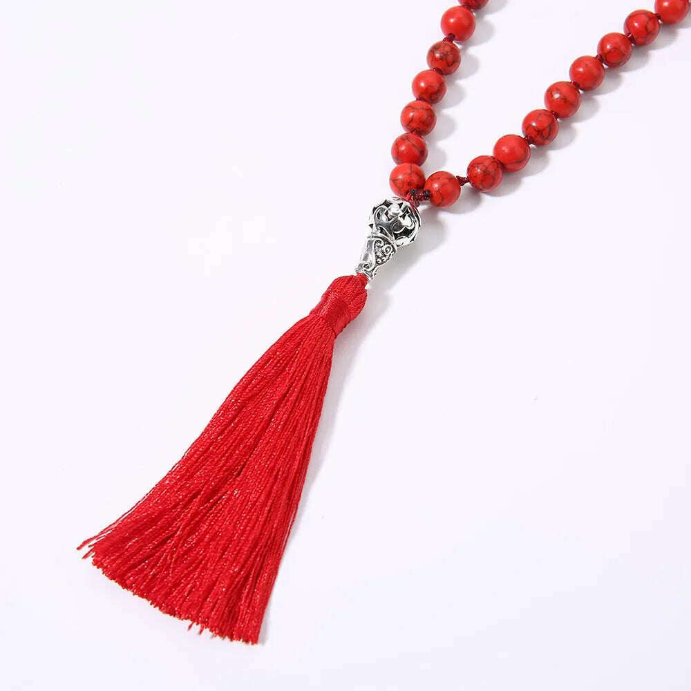 KIMLUD, 8mm Red Turquoise Knotted 108 Mala Beaded Necklace Meditation Yoga Blessing  Jewelry for Men and Women, KIMLUD Womens Clothes
