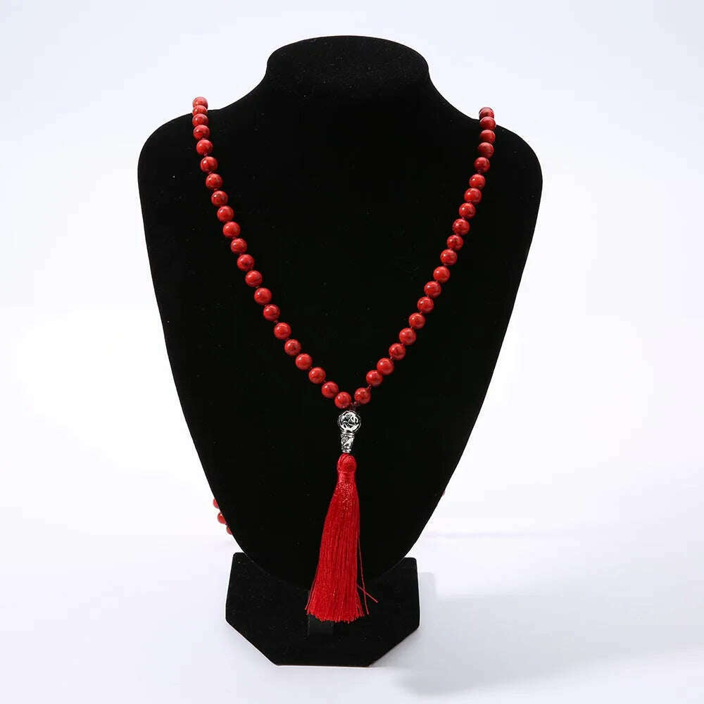 KIMLUD, 8mm Red Turquoise Knotted 108 Mala Beaded Necklace Meditation Yoga Blessing  Jewelry for Men and Women, KIMLUD Womens Clothes