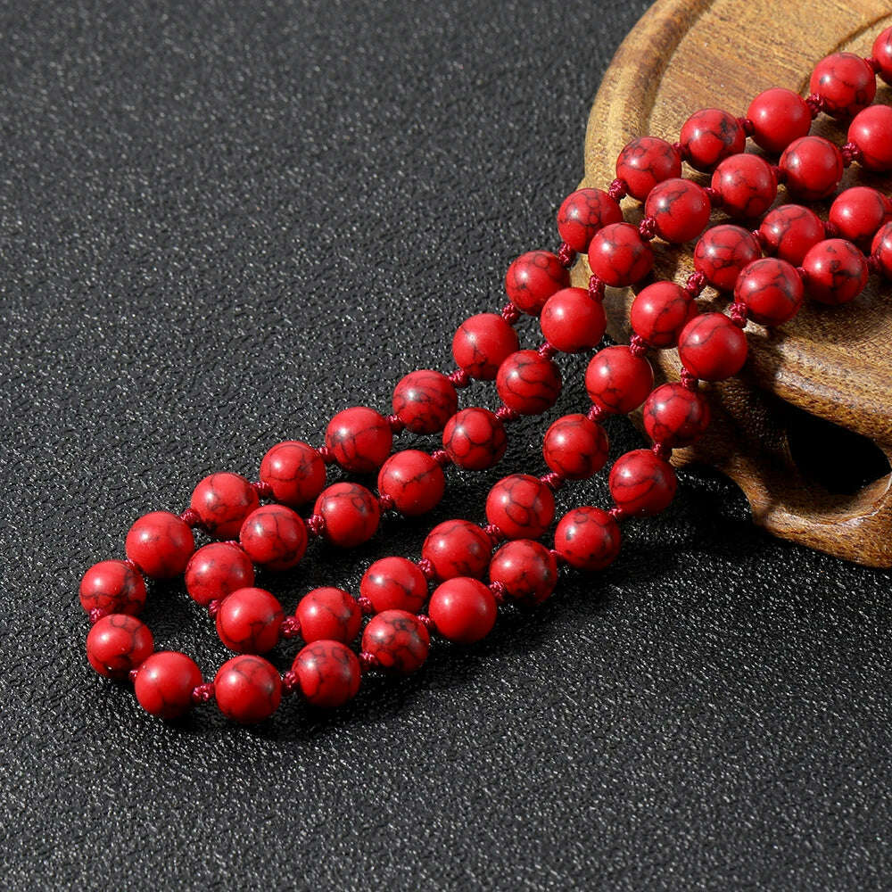KIMLUD, 8mm Red Turquoise Knotted 108 Mala Beaded Necklace Meditation Yoga Blessing  Jewelry for Men and Women, KIMLUD Womens Clothes