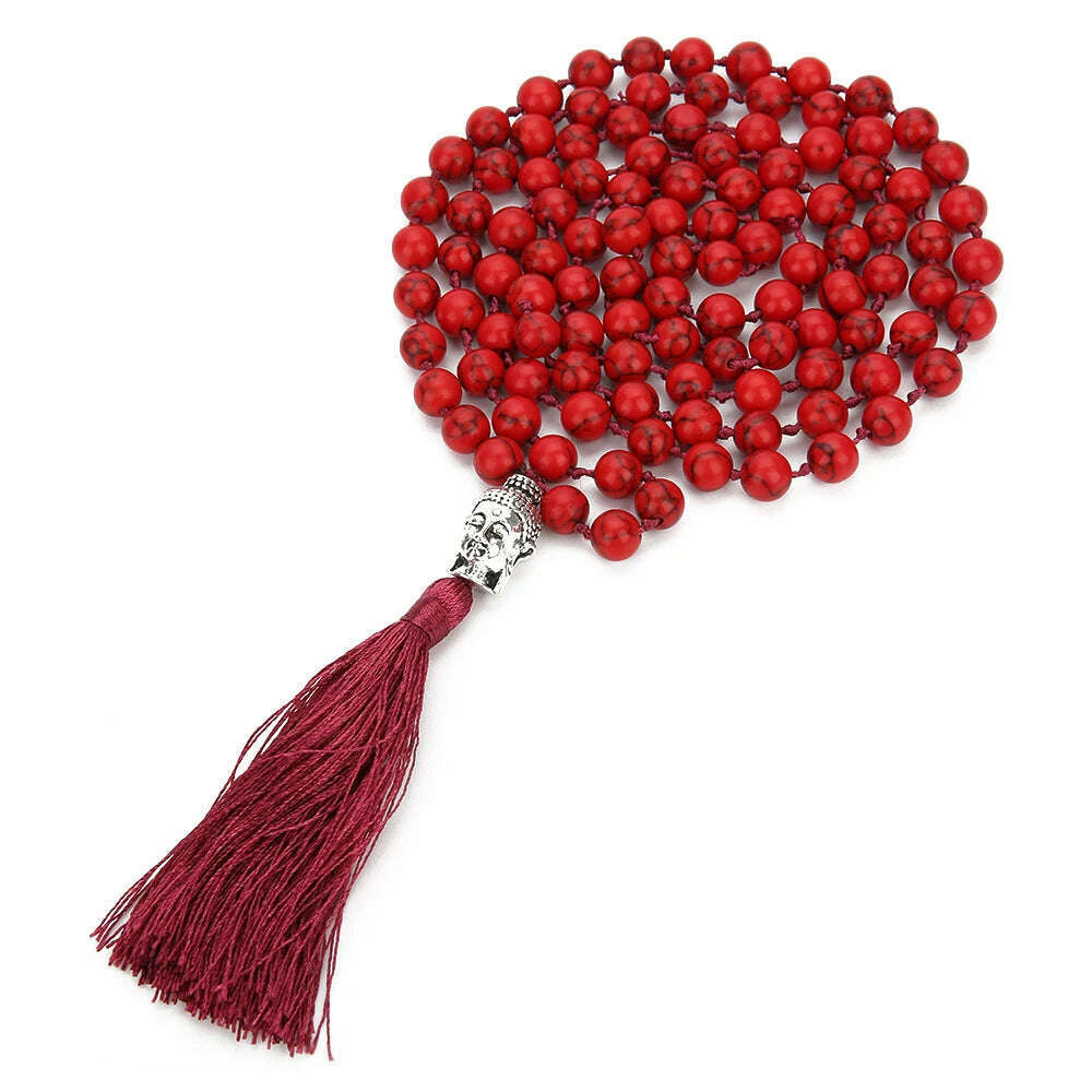 KIMLUD, 8mm Red Turquoise Knotted 108 Mala Beaded Necklace Meditation Yoga Blessing  Jewelry for Men and Women, S-N0052-DFT-8MM, KIMLUD APPAREL - Womens Clothes