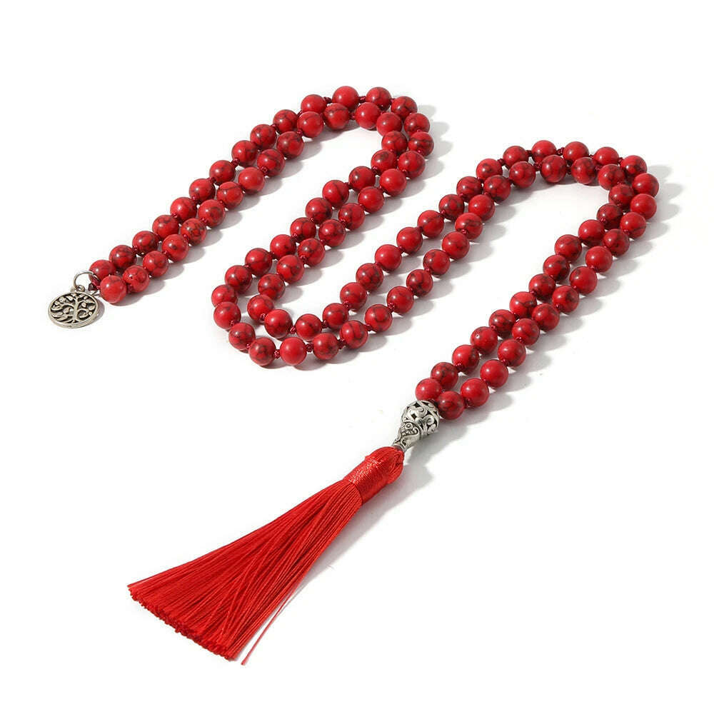 KIMLUD, 8mm Red Turquoise Knotted 108 Mala Beaded Necklace Meditation Yoga Blessing  Jewelry for Men and Women, S-N0052-8MM-ST, KIMLUD APPAREL - Womens Clothes