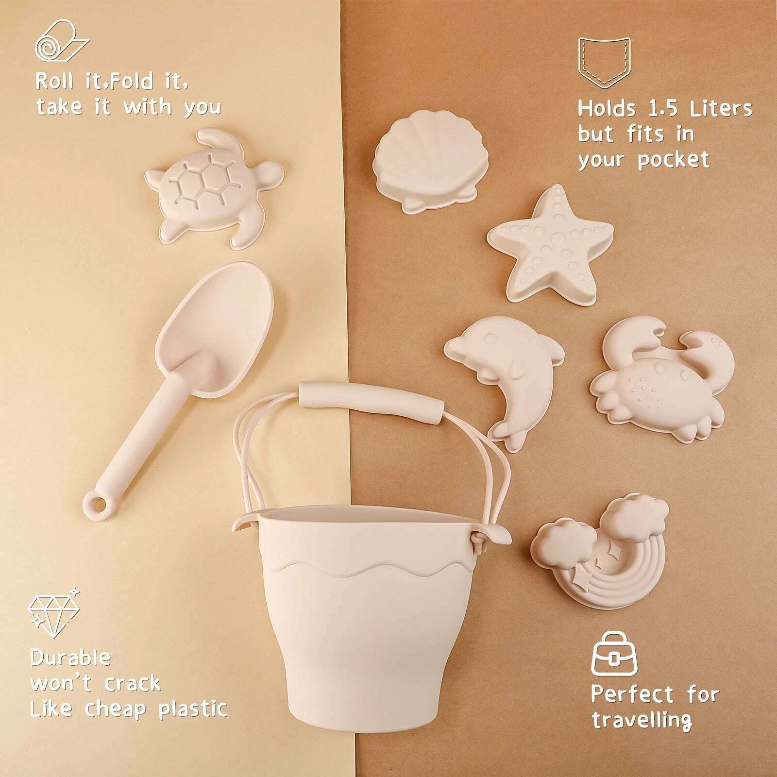 8pcs/Set Beach Toys Eco-Friendly, BPA-Free, Food-Grade Silicone - Fun Summer Outdoor Toys for Kids with Bucket & 4 Color Sand - KIMLUD