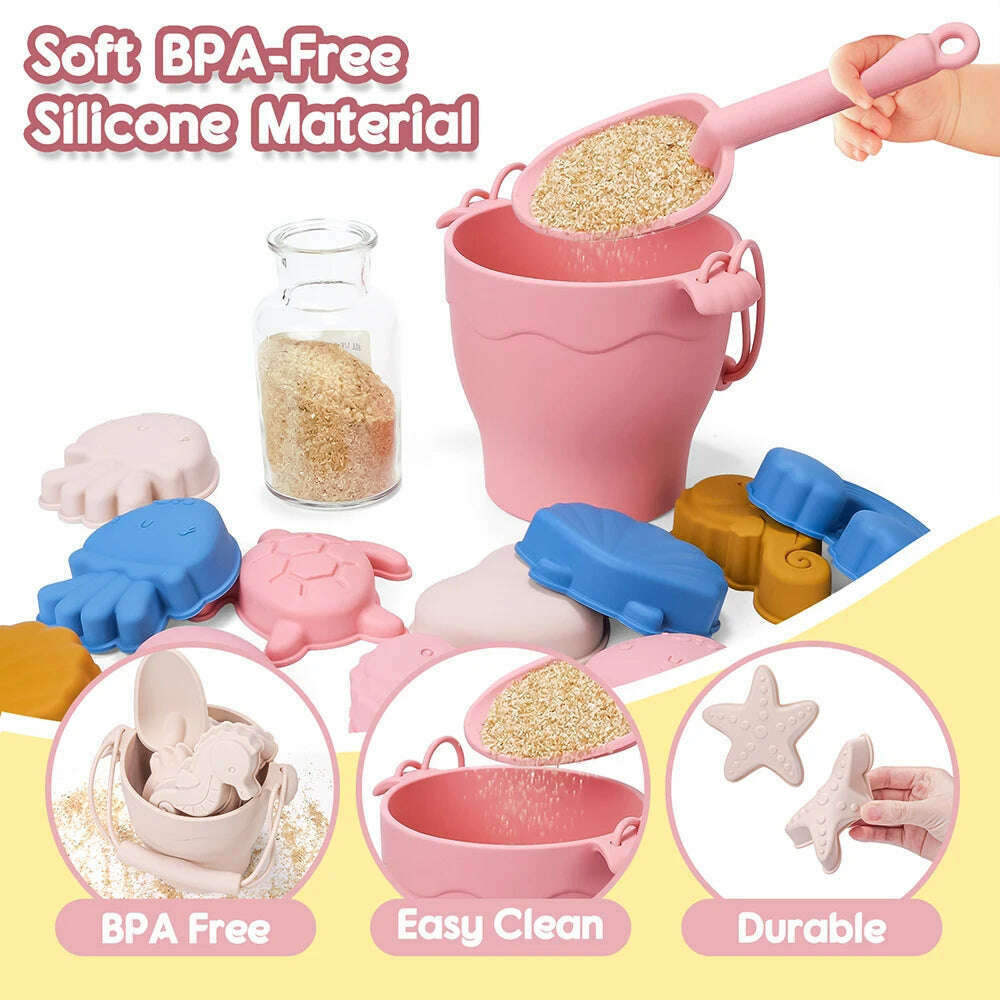 8pcs/Set Beach Toys Eco-Friendly, BPA-Free, Food-Grade Silicone - Fun Summer Outdoor Toys for Kids with Bucket & 4 Color Sand - KIMLUD