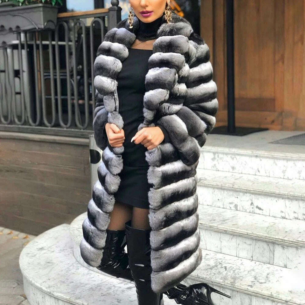 KIMLUD, 90cm Long Real Rex Rabbit Fur Coat With Turn-down Collar Winter Fashion Chinchilla Color Genuine Rex Rabbit Fur Coats Outwear, KIMLUD Womens Clothes