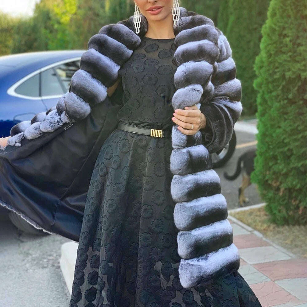 KIMLUD, 90cm Long Real Rex Rabbit Fur Coat With Turn-down Collar Winter Fashion Chinchilla Color Genuine Rex Rabbit Fur Coats Outwear, KIMLUD Womens Clothes